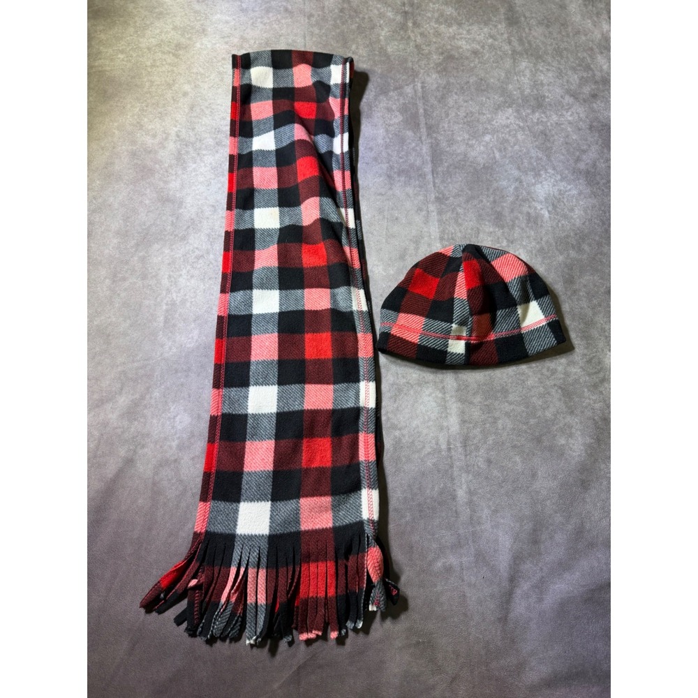 Red Black White Buffalo Plaid Fleece Scarf Beanie Hat Set Winter Accessories